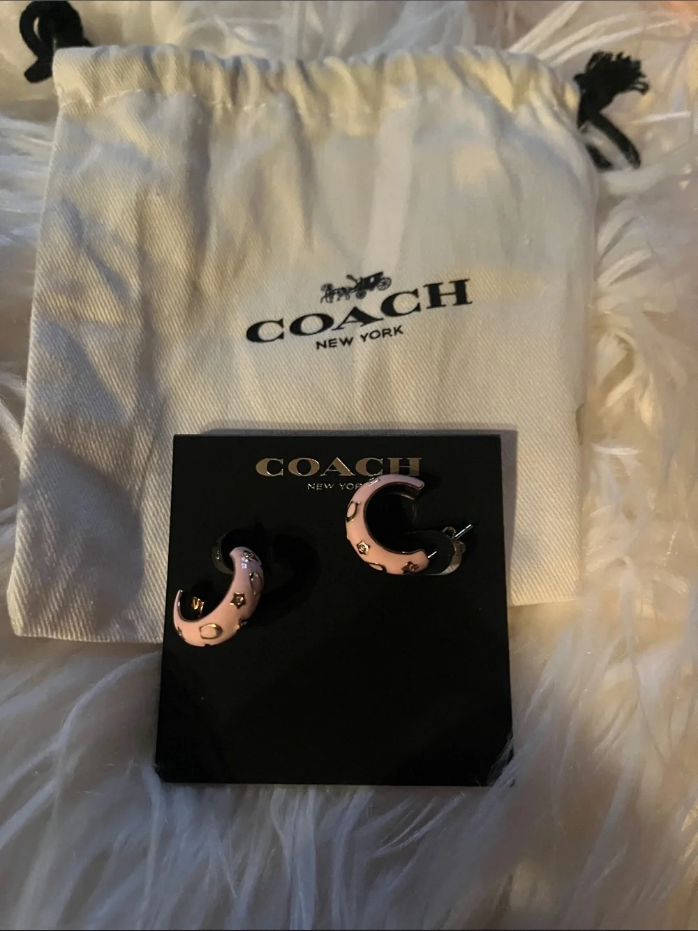 Coach Pink Enamel Hoop Earrings with Logo Studs